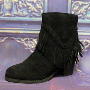 Black Leather Boots Size 7.5 Fringe Ankle High Heels Casual Vintage Styl…
